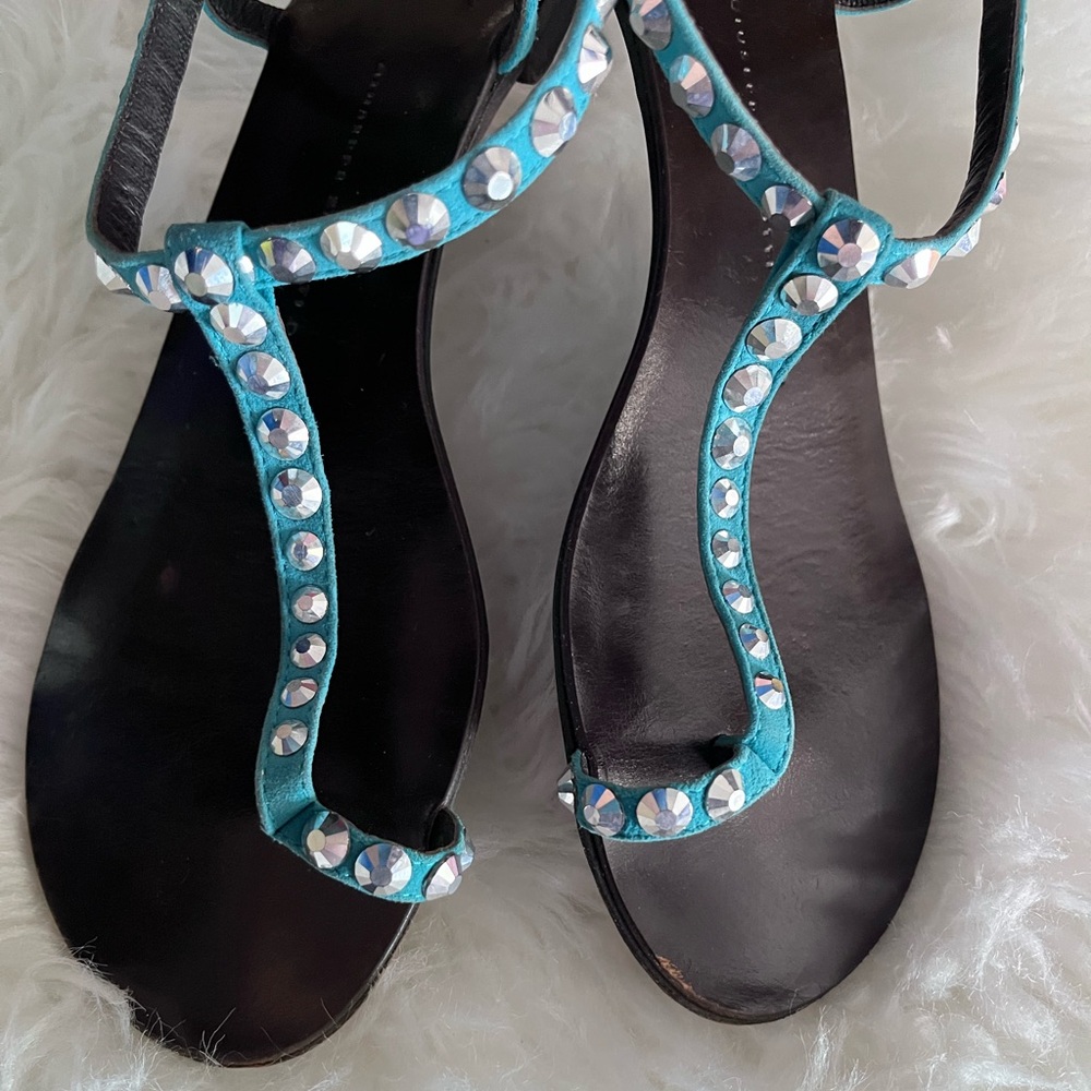 Giuseppe Zanotti Size 39 flat sandals blue suede straps adjustable ankle strap - Picture 9 of 13